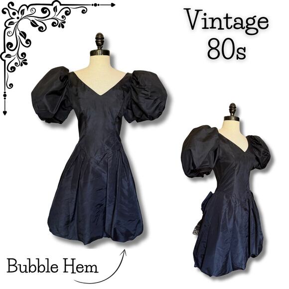 Vintage 80s Black Bubble Hem Prom Dress Special Occasion Alt WhimsyGoth Wedding - Picture 1 of 11